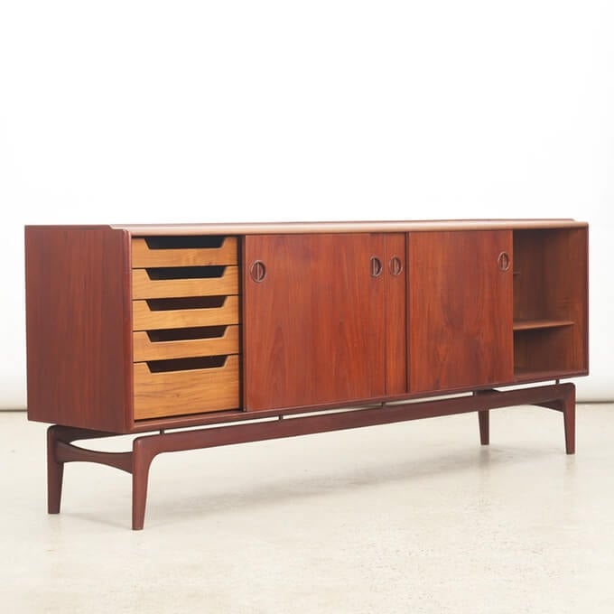 mid-century modern furniture, Teak buffet table and cabinet with deep stained wood and light wooden drawers