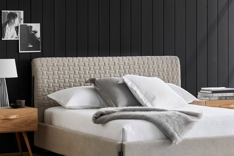 Soft fabric headboard for this bed frame available in Toronto at Home Société