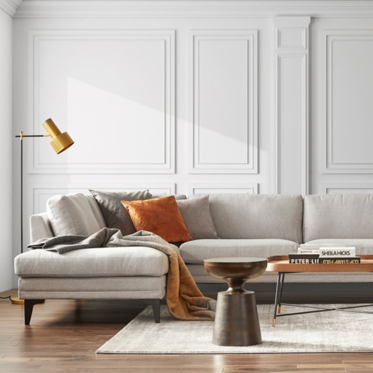 Modern sectional sofa with area rug and coffee table from Home Societè, Toronto stores